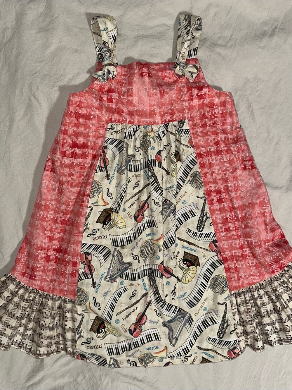 Handmade, Girls Musical Print Sundress, Coral Pink & Sky Blue Accents.